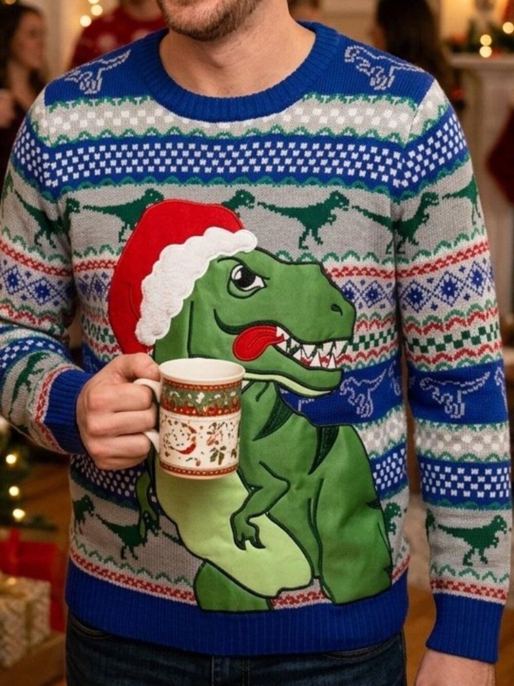 33 Degrees Men's UGLY Christmas Knit Sweater Dinosaur Holiday Festive Size L